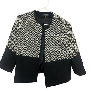 Kasper Black White Chevron Open Front Blazer 3/4 Sleeve Size 12